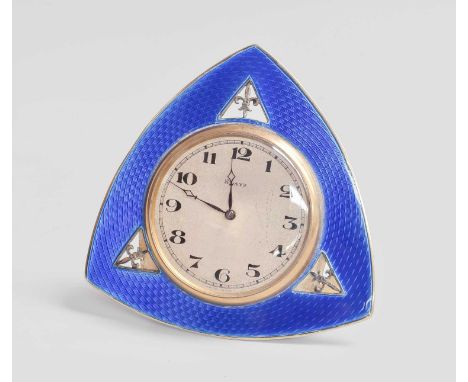 A George V Silver and Enamel Timepiece, by Albert Carter, Birmingham, 1925, shaped triangular and with strut back, the front 