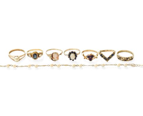 A Small Quantity of Jewellery, comprising of six 9 carat gold dress rings, of varying designs and sizes, including an amethys