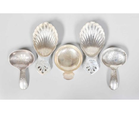 Five Various Silver Caddy-Spoons, two by Bishton's Ltd., Birmingham, one 1971 and one 1978, each with pierced spatulate handl