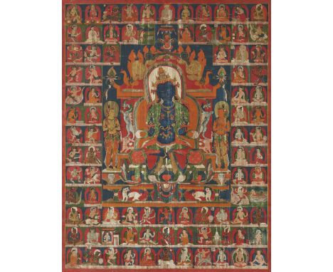 TANGKA REPRÉSENTANT VAJRADHARA ET LES QUATRE-VINGT-QUATRE MAHASIDDHASTIBET, XVIE SIÈCLEDistemper on cloth; verso with an ink 