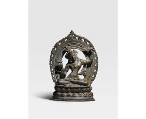 STATUETTE DE MANJUSHRI EN ALLIAGE DE CUIVREDYNASTIE QING, RENAISSANCE PALA, XVIIIE SIÈCLEInscribed with the Buddhist Creed ('