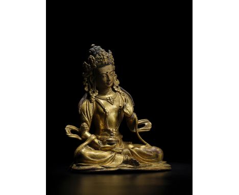 STATUETTE DE BODHISATTVA EN ALLIAGE DE CUIVRE DORÉTIBET, XVIE/XVIIE SIÈCLEHimalayan Art Resources item no. 4618 18 cm (7 1/8 