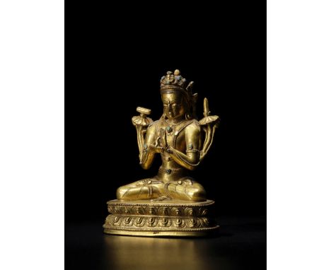 STATUETTE DE MANJUSHRI EN ALLIAGE DE CUIVRE DORÉTIBET, XIVE SIÈCLEHimalayan Art Resources item no. 4614 12.5 cm (4 7/8 in.) h