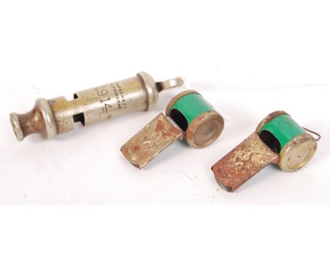 A WWI First World War J. Hudson &amp; Co 1914 trench whistle with notation to front and loop to attach to a chain. Along with