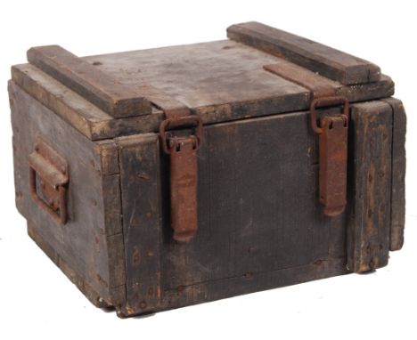 An original WWI First World War era likely German military field ammunition crate. Wooden construction, with latches to front