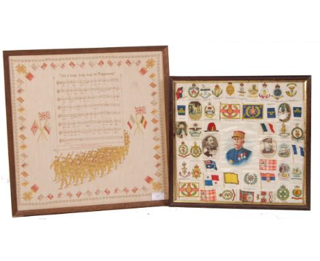 An original WWI First World War era (likely post-war) silk work panel with the lyrics to ' It's A Long Long Way To Tipperary 