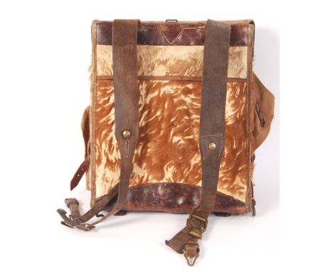 An original WWI First World War German soldier's uniform Tornister ( back pack ). The rear leather strapping stamped with mak