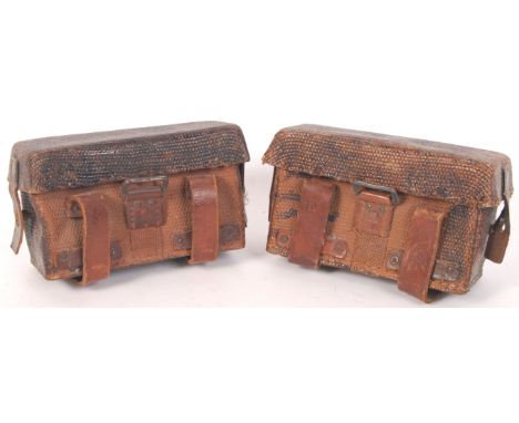 Two rare antique WWI First World War German papercloth ersatz infantry uniform medic / first aid pouches. Both stamped to the