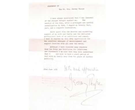 Jeremy Thorpe's original press statement; a rare piece of British history. A photocopied typed statement, which reads; ' STAT