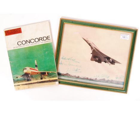 A scarce vintage original 8x10" colour publicity photograph of Concorde. The image autographed by various engineers and pilot