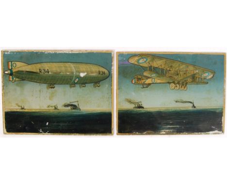 A pair of unusual post-WWI First World War era reverse-painted glass pictures. The first showing ' The British Airship R34 - 