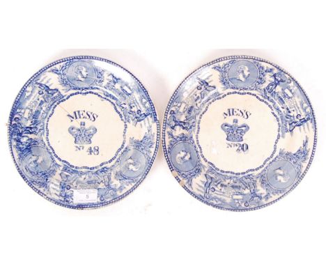 An antique early 20th century pair of Royal Navy Mess plates. Spode / Bovey Pottery Co. Each depicting the ' Young Head ' bus