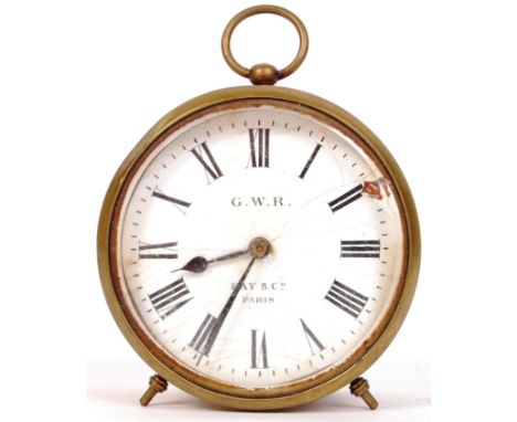 A scarce antique GWR Great Western Railway brass cased drum clock with enamel dial marked ' GWR - Kay &amp; Co, Paris '. Same
