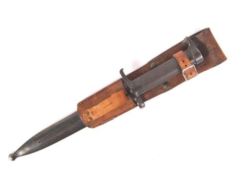 A WWI First World War Swedish 1896 pattern Mauser rifle bayonet. Makers marks to the ricasso for EJ AB. With its original ste