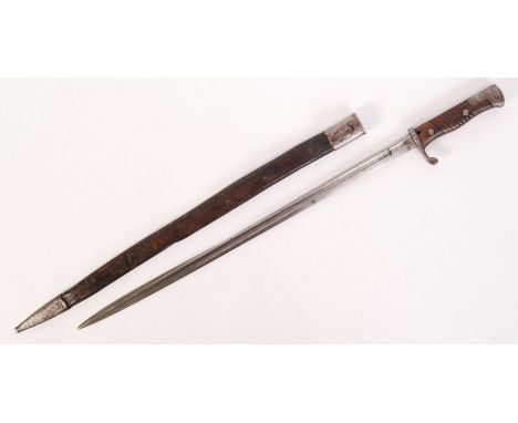 A good 19th century Imperial German mauser rifle bayonet 1898 pattern, with wooden grips and 'FFurt' to ricasso. The crossgua