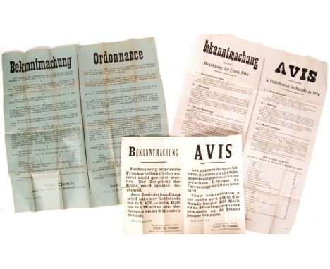 A collection of 3x antique 1916/18 period WWI First World War German &amp; French notice posters. Largely relating to food or