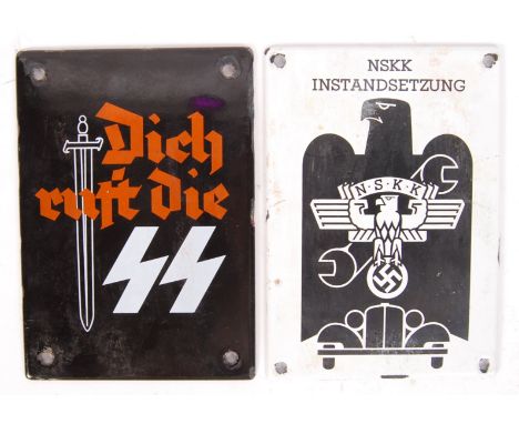 A pair of reproduction WWII Second World War German Nazi Third Reich porcelain enamel sign plaques. The first being for the S