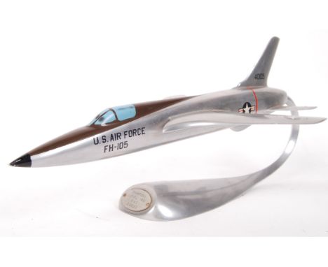 A 20th century 1961 Verkuyl made aluminium scale model of a 40105/FH-105 US Air Force jet suspended on a stand with plaque to