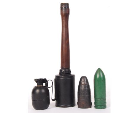 A collection of 4x assorted conflict hand grenades / bombs. All inert. Comprising: a restored WWI German stick grenade (the h