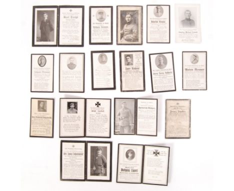 A collection of 17x WWI First World War German memorial / death cards. Some complete folding cards, other single-sided cards.