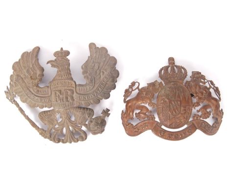 Two original WWI First World War Bavarian / Prussian German Pickelhaube uniform helmet badges / plaques / front plates. The f
