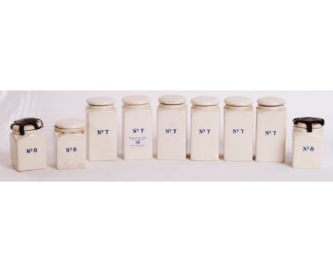 A collection of 9x antique 19th century Ridgways military issue medical / apothecary jars. Each stamped ' Ridgways - Shelton 