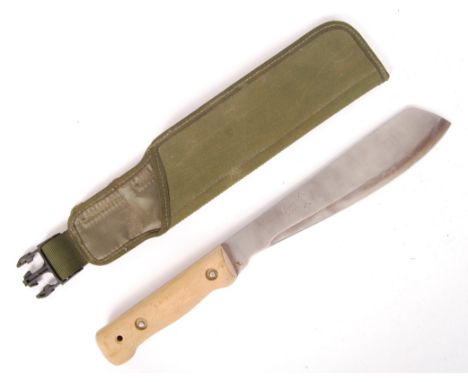 A contemporary military issue wooden handled machete and khaki military green sheath, the blade bearing marking ' 17- 9944 ' 