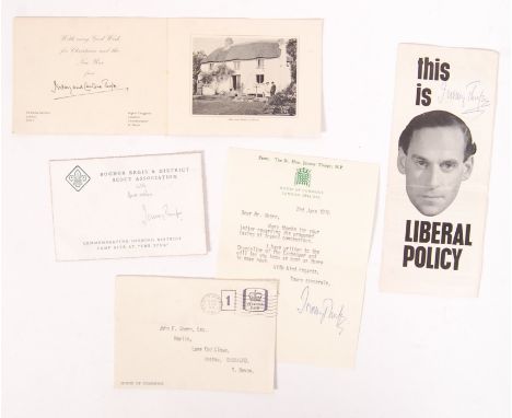 A collection of 4x Jeremy Thorpe autographed / signed articles, from various stages in his career. Comprising of: an early ' 