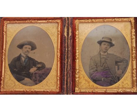 A rare 19th century likely American made double ninth-plate size Ambrotype photograph set. The first depicting a gentleman wi