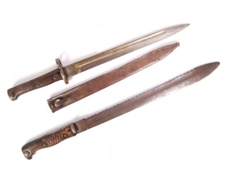 Two antique WWI First World War era rifle bayonets - both AF (minor faults). Comprising: a German ' Butcher ' sawback bayonet