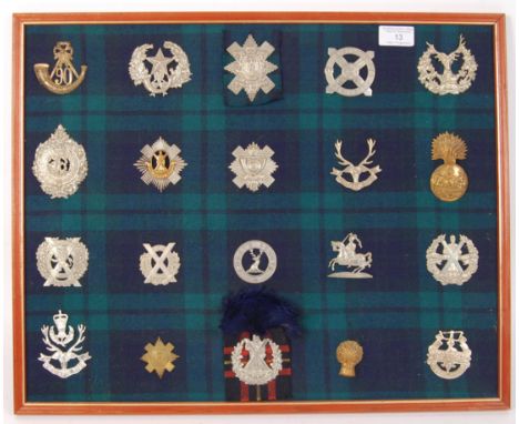 A framed collection of 20x&nbsp;Scottish WWI First World War &amp; WWII Second World War (and other) related military cap bad