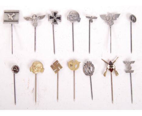 A collection of 14x reproduction WWII Second World War German Nazi Third Reich stick / hat pins to include; Hitler Youth, SS,