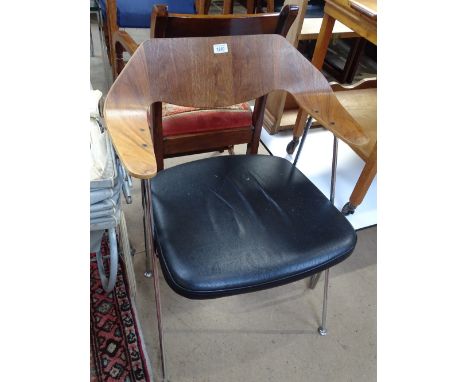 A Robin Day 675 chair for Habitat with chrome frame, shaped ply back and leather upholstered seat, designed 1952.