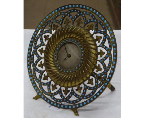 Enamelled and brass mantel clock by Smith's, with pierced surround inset with turquoise cabochons.