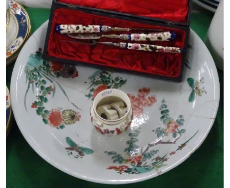 Ceramic handled implements, charger, a small Zsolnay vase, etc.