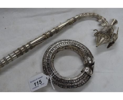 Unusual filigree decorated white metal pipe, and an African slave bangle, (2).