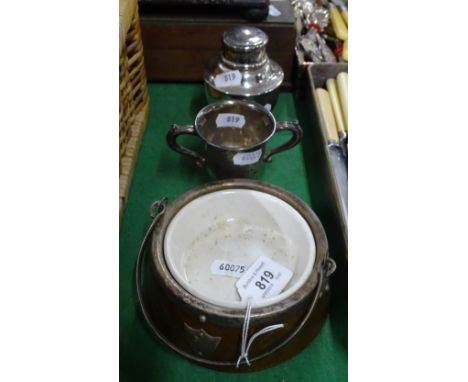 A small silver cocktail shaker, silver 2-handled trophy and a oak and silver mounted swing handled stand with ceramic liner, 