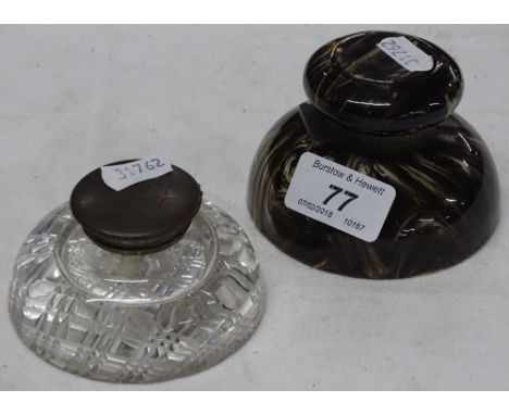 Antique Agateware inkwell and a cut-glass inkwell with hinged brass top.