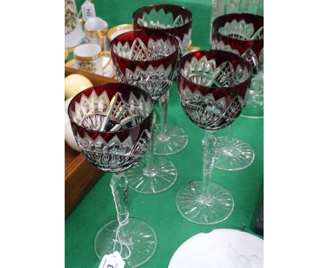 5 Ruby overlay hock glasses.