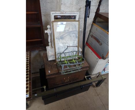 Cast-iron telescopic fender, a painted metal trunk, another, Samurai sword, galvanised milk bottle holder, print, toilet mirr