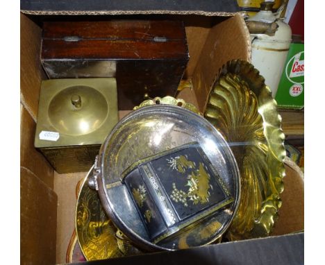 Tea caddy, box, brassware, etc.