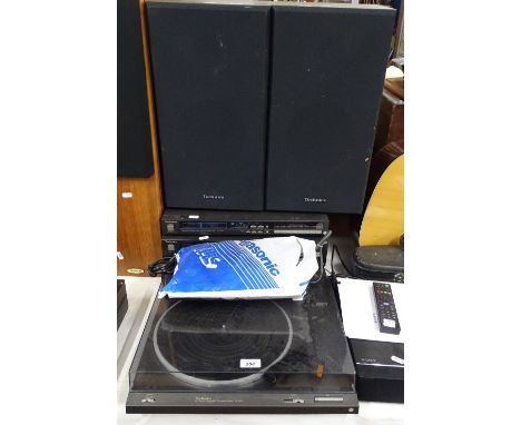 A Technics record player, speakers, amplifier, etc.