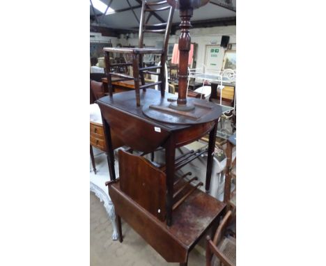 A 19th century bow end Pembroke table, an Antique tripod table, a child's chair and a nest of 3 tables, (all a/f).