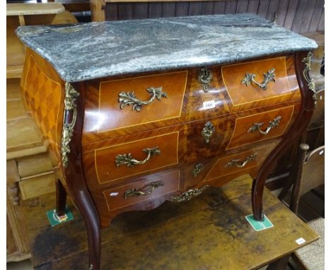 A walnut and Kingwood 3-drawer commode, with shaped marble top and ormolu mounts, width 2'8", height 2'6".`