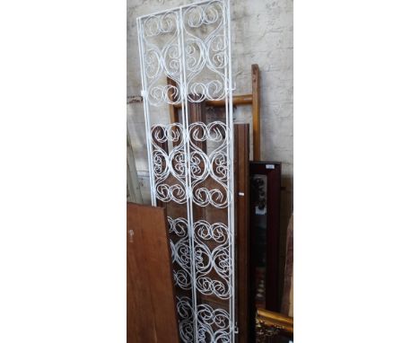 A mahogany framed mirror, oak panel, 3-fold wirework screen, etc.