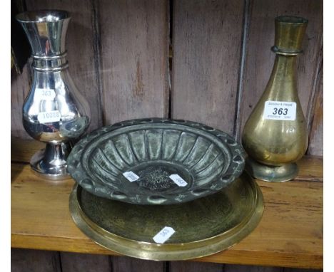 Engraved Middle Eastern brass tray, white metal Hookah base with inscription, bronze Hookah base, and a tinned copper bowl, (