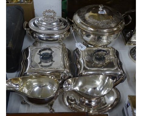 Pair of rectangular silver plated entree dishes and covers, an oval entree dish and cover on cast paw feet, sauceboats, a lar
