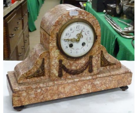 Pink veined marble cased 2-train mantel clock.