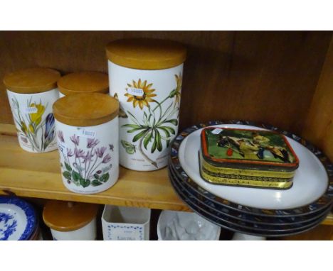 Portmeirion jars, Denby Marrakesh dinner plates, tin, etc.