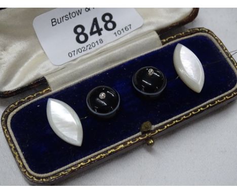 A cased pair of banded agate and mother of pearl cufflinks.